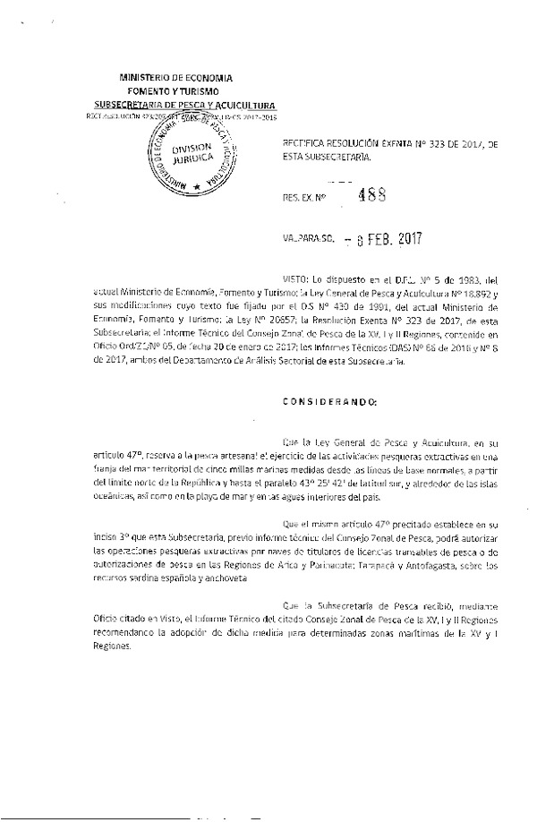 Res. Ex. N° 488-2017 Rectifica Res. Ex. N° 323-2017 Autoriza Actividad Pesquera Industrial en Área de Reserva Artesanal que Indica de la XV-I Regiones. (F.D.O. 14-02-2017)