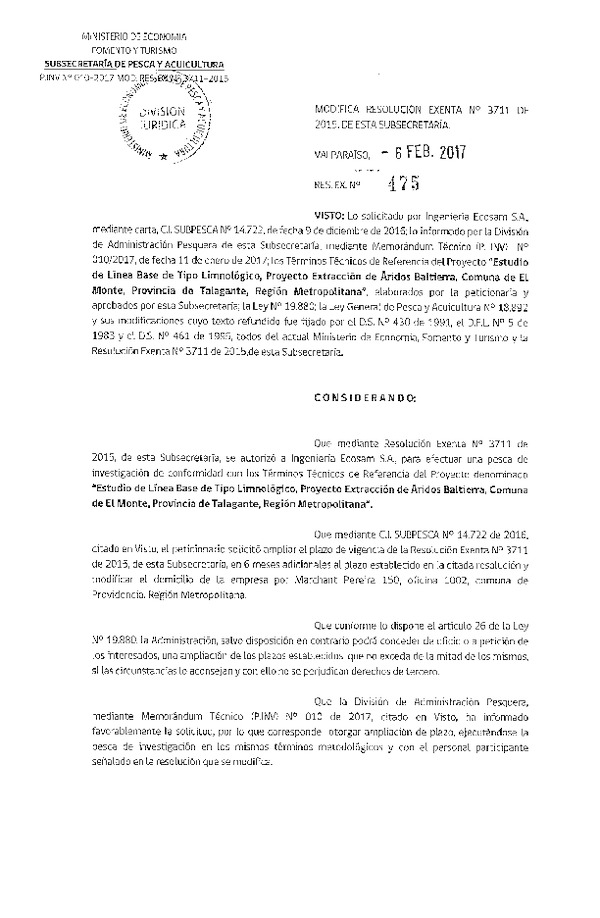 Res. Ex. N° 475-2017 Modifica Res. Ex. N° 3711-2015 Estudio de línea base tipo limnológico.