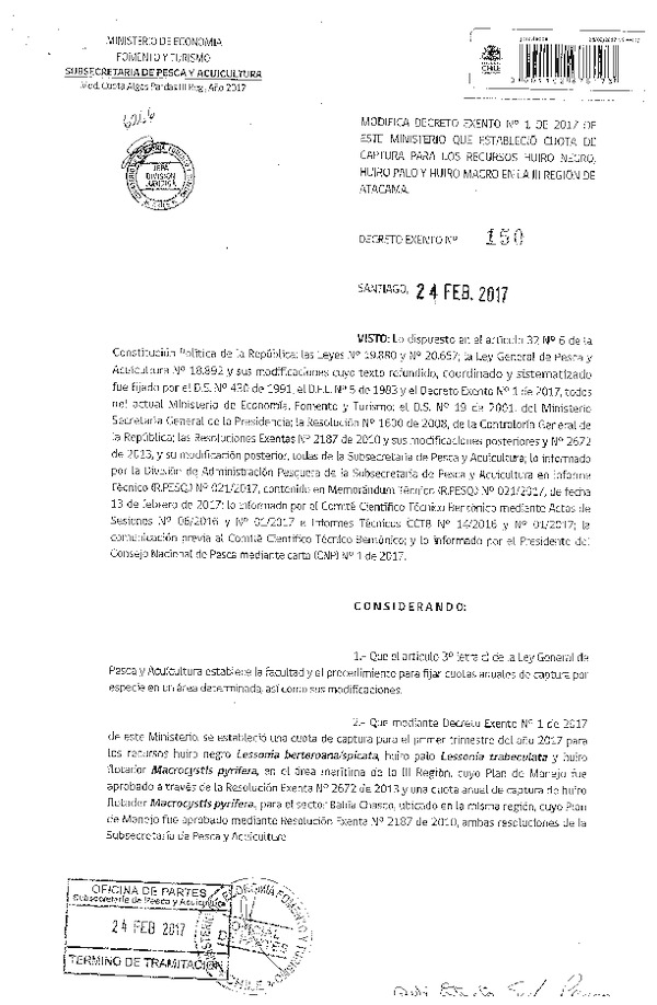 Dec. Ex. N° 150-2017 Modifica Dec. Ex. N° 1-2017 Establece Cuota de Captura Recursos Huiro Negro, Huiro Palo y Huiro Macro en la III Región. (Publicado en Página web 01-03-2017)