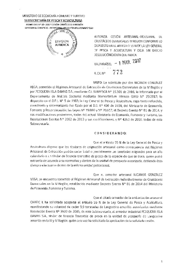 Res. Ex. N° 772-2017 Autoriza Cesión Langostino amarillo, IV Región.
