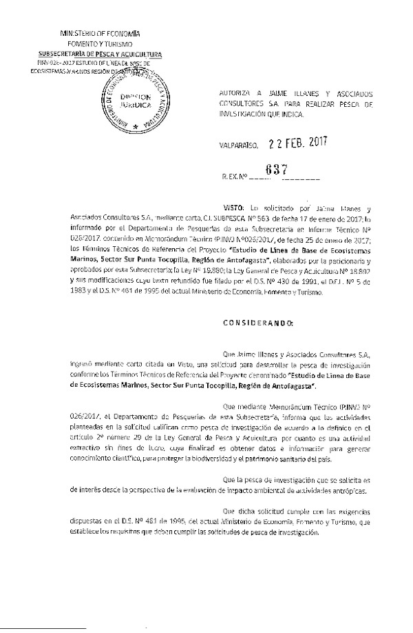Res. Ex. N° 637-2017 Línea de base de ecosistemas marinos, Región de Antofagasta.