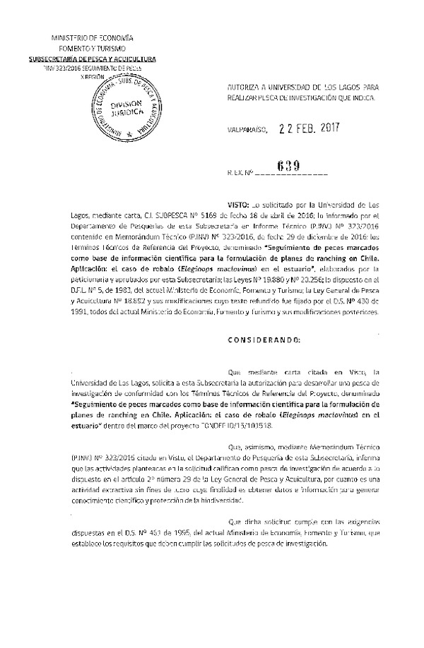 Res. Ex. N° 639-2017 Seguimiento de peces marcados como base de información científicas.