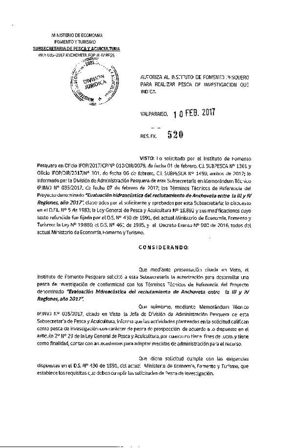 Res. Ex. N° 520-2017 Evaluación hidroacústica del reclutamiento de anchoveta III-IV Regiones, año 2017.