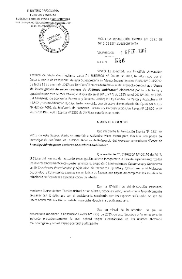 Res. Ex. N° 556-2017 Modifica Res. Ex. N° 2231-2015 Pesca de investigación de peces costeros de distintos ambientes.