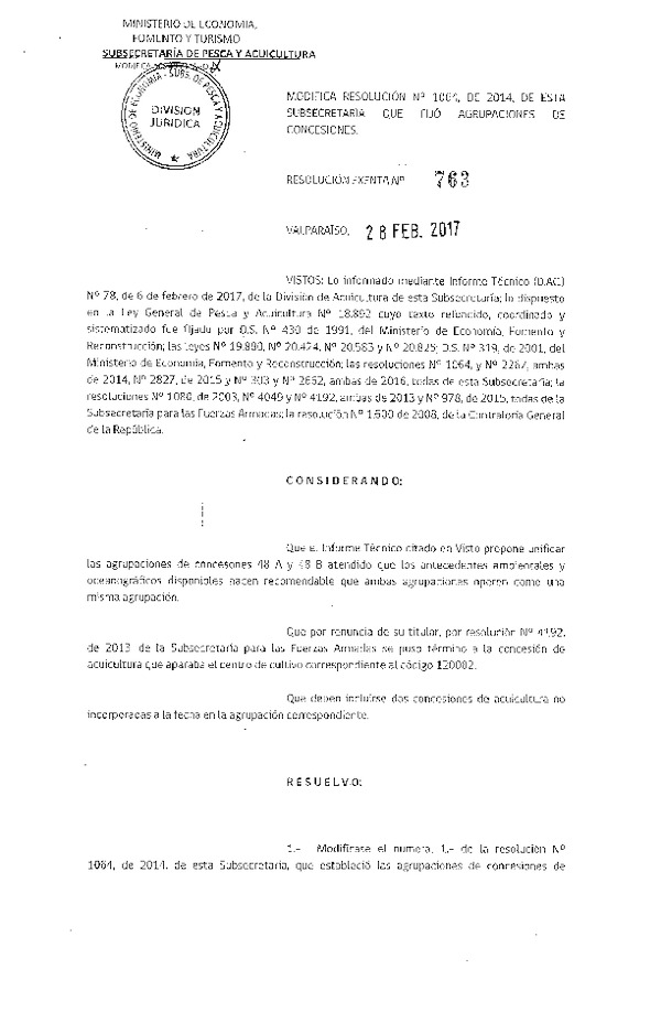 Res. Ex. N° 763-2017 Modifica Res. Ex. N° 1064-2014 que Actualiza y Reemplaza Res. Ex. N° 2473-2013 Establece Agrupaciones de Concesiones de Acuicultura de Salmónidos en la X-XI-XII Región. (Publicado en Página Web 02-03-2017)