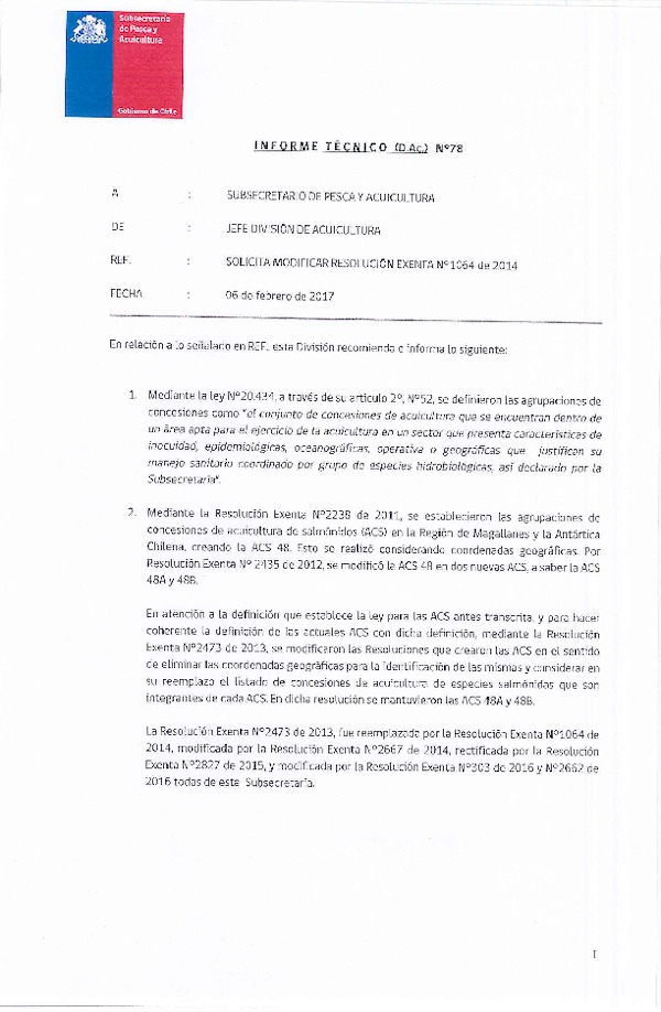 Informe Técnico (D.AC.) N° 78-2017 Solicita Modificación Res. Ex. N° 1064-2014.