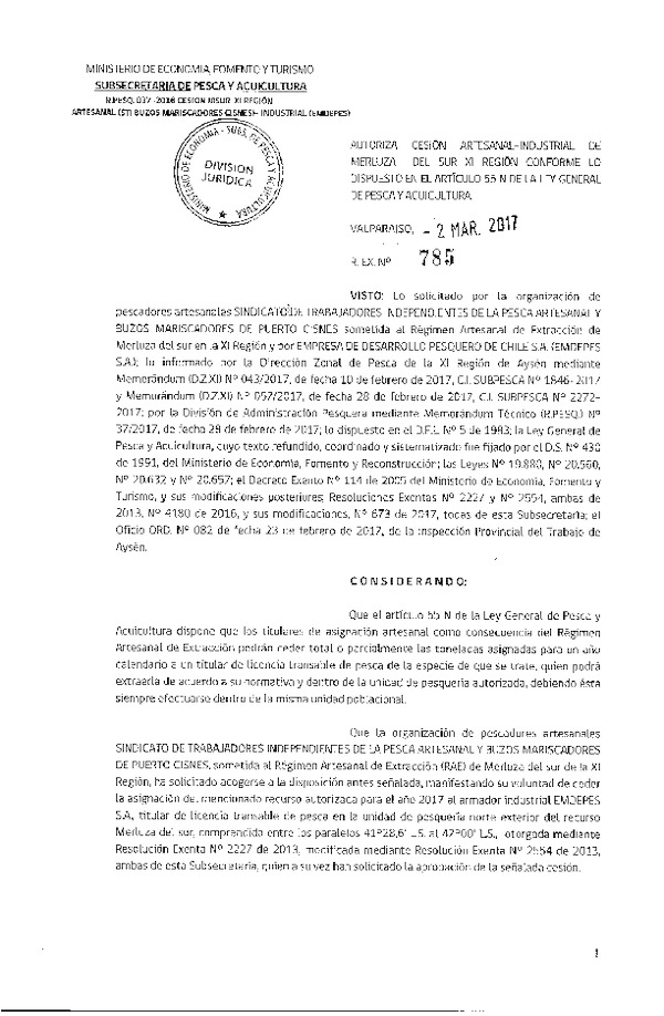 Res. Ex. N° 785-2017 Cesión Merluza del sur XI Región.