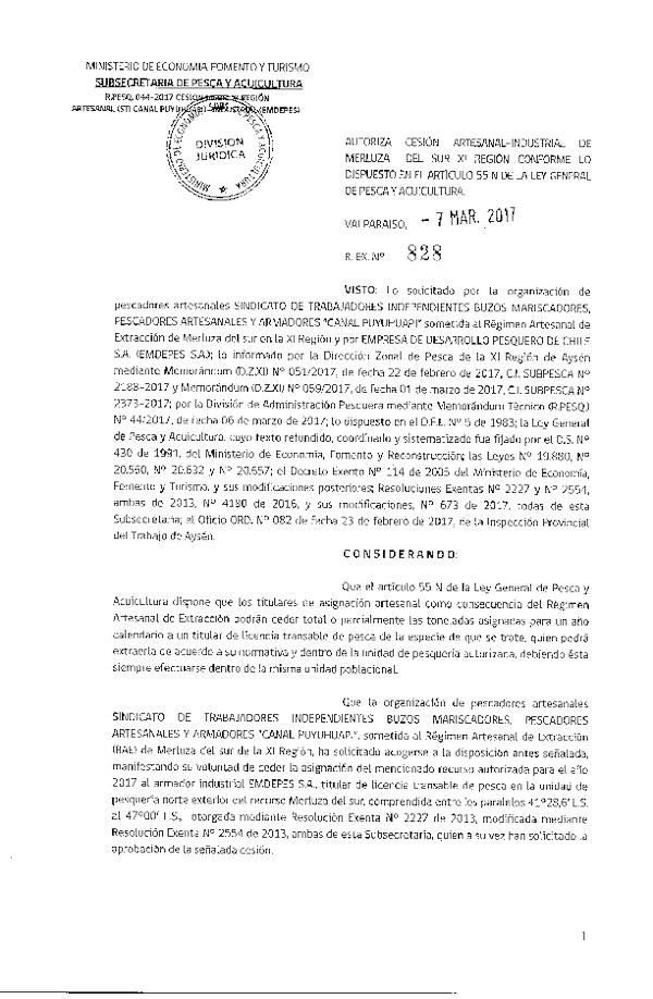 Res. Ex. N° 828-2017 Cesión Merluza del sur XI Región.