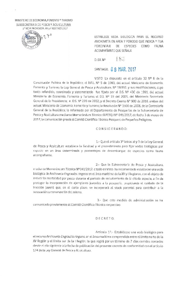 Dec. Ex. N° 183-2017 Establece Veda Biológica para el Recurso Anchoveta en la XV y I Regiones. Fija Porcentaje de especie como Fauna Acompañante que Señala. (Publicado en Página Web 08-03-2017)