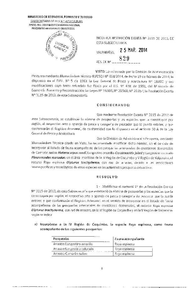 R EX Nº 829-2014 Modifica R EX Nº 3115-2013 Establece Nómina Nacional de Pesquerías Artesanales de conformidad con lo dispuesto en el artículo 50 A, de la Ley General de Pesca y Acuicultura. (F.D.O. 02-04-2014)