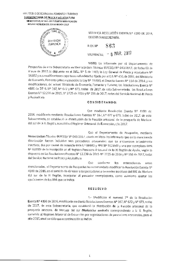 Res. Ex. N° 863-2017 Modifica Res. Ex. N° 4180-2016 Distribución de la Fracción Artesanal de Pesquería de Merluza del Sur por Organizaciones, XI Región, año 2017. (Publicado en Página Web 10-03-2017)