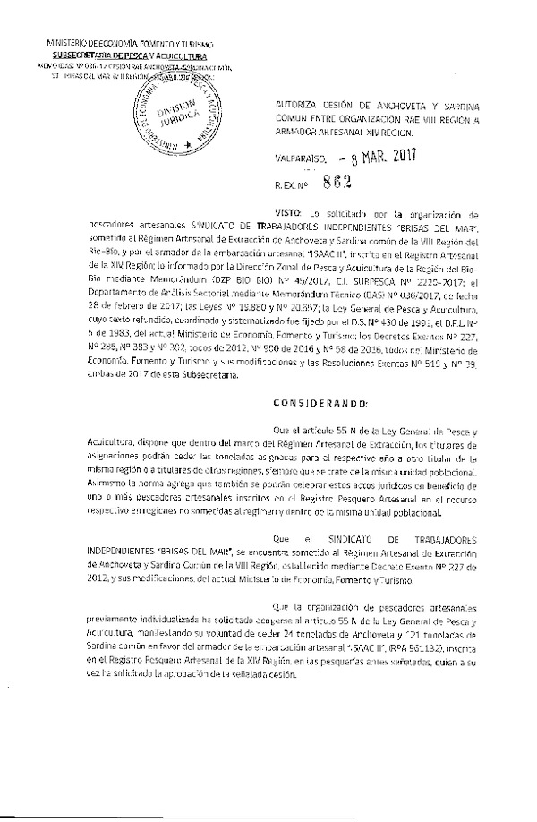 Res. Ex. N° 862-2017 Autoriza Cesión Anchoveta y Sardina común, VIII a XIV Región.