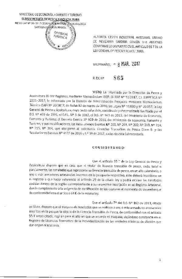 Res. Ex. N° 865-2017 Autoriza Cesión Sardina común, XIV Región.