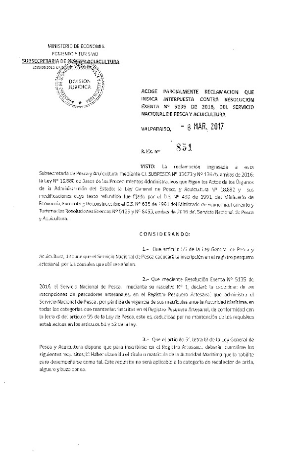 Res. Ex. N° 851-2017 Acoge reclamaciones que indica interpuestas contra la Res. Ex. N° 5135-2016 del Servicio Nacional de Pesca y Acuicultura.