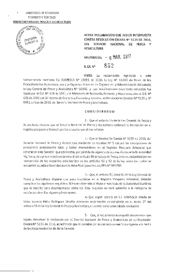 Res. Ex. N° 852-2017 Acoge reclamaciones que indica interpuestas contra la Res. Ex. N° 5135-2016 del Servicio Nacional de Pesca y Acuicultura.