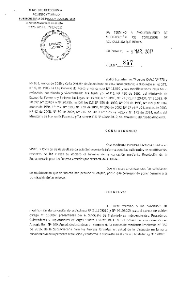 Res. Ex. N° 857-2017 Da termino a procedimiento de modificación de concesión de acuicultura que indica.