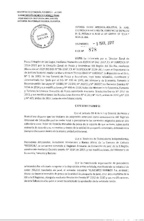 Res. Ex. N° 878-2017 Autoriza cesión jurel, X Región.