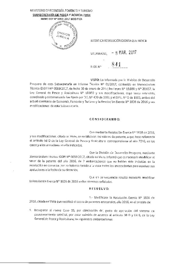 Res. Ex. N° 841-2017 Modifica Res. Ex. N° 1838-2016 Cobros de Patentes Artesanales Año 2016.
