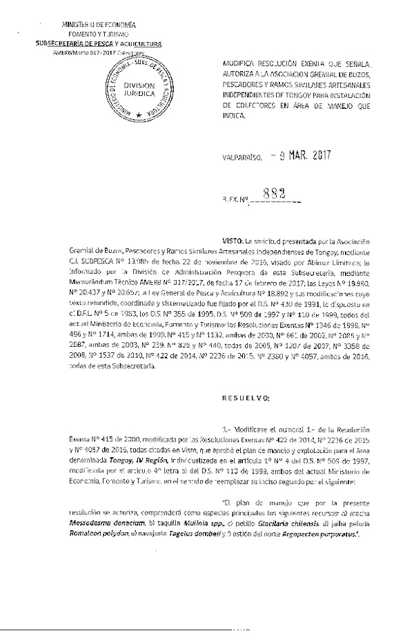 Res. Ex. N° 882-2017 Instalación de Colectores.