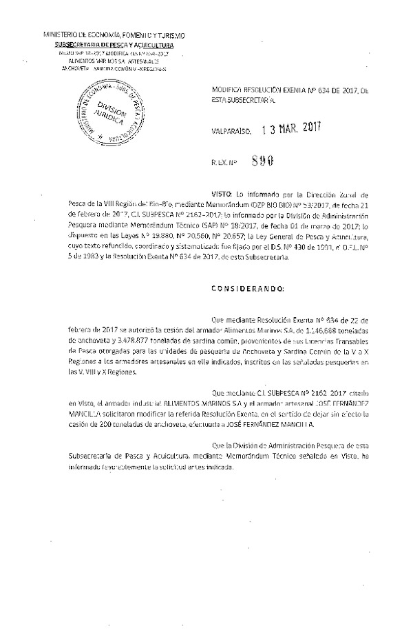 Res. Ex. N° 890-2017 Modifica es. Ex. N° 634-2017 Autoriza cesión Industrial-Artesanal Unidad de Pesquería Anchoveta y Sardina común V-X Regiones.