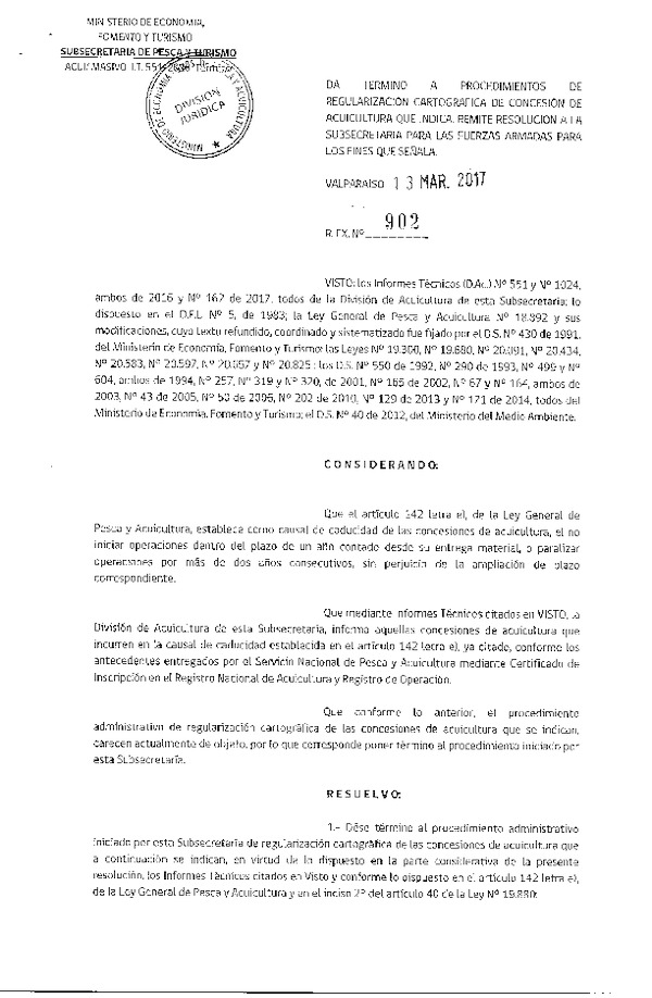 Res. Ex. N° 902-2017 Da termino a procedimiento de regularización cartográfica de concesión de acuicultura que indica.