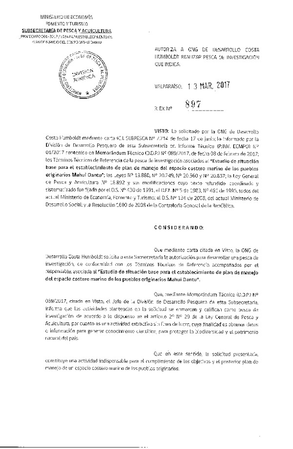 Res. Ex. N° 897-2017 Estudio de situación base para el establecimiento de Plan de Manejo del ECMPO Mahui Dantu.