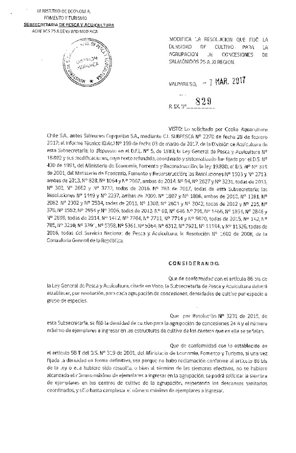 Res. Ex. N° 829-2017 Modifica Res. Ex. N° 3231-2015 Fija densidad de cultivo para la agrupación de concesión de Salmónidos 25 A, XI Región. (F.D.O. 14-03-2017)