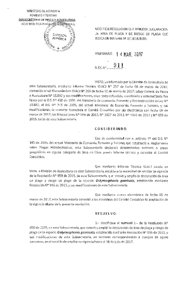 Res. Ex. N° 911-2017 Modifica Res. Ex. N° 659-2015 Renueva Declaración de área de Plaga y de Riesgo de Plaga que Indica, en Cuerpos de Agua de la VIII-XII Regiones.