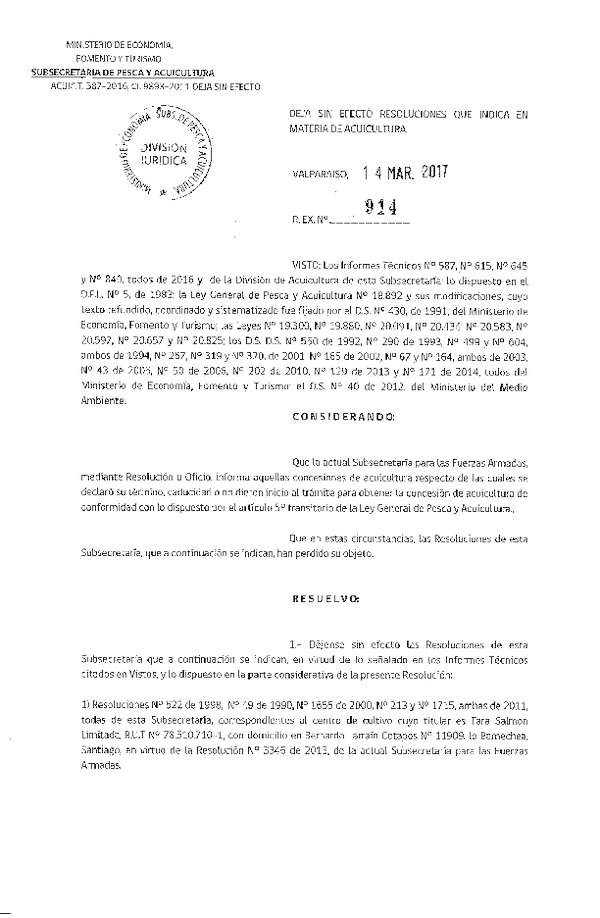 Res. Ex. N° 914-2017 Deja sin efecto Resoluciones que indica, en materia de acuicultura.