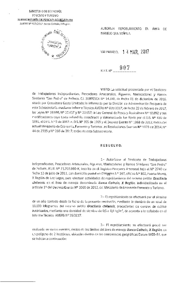 Res. Ex. N° 907-2017 Autoriza Repoblamiento.