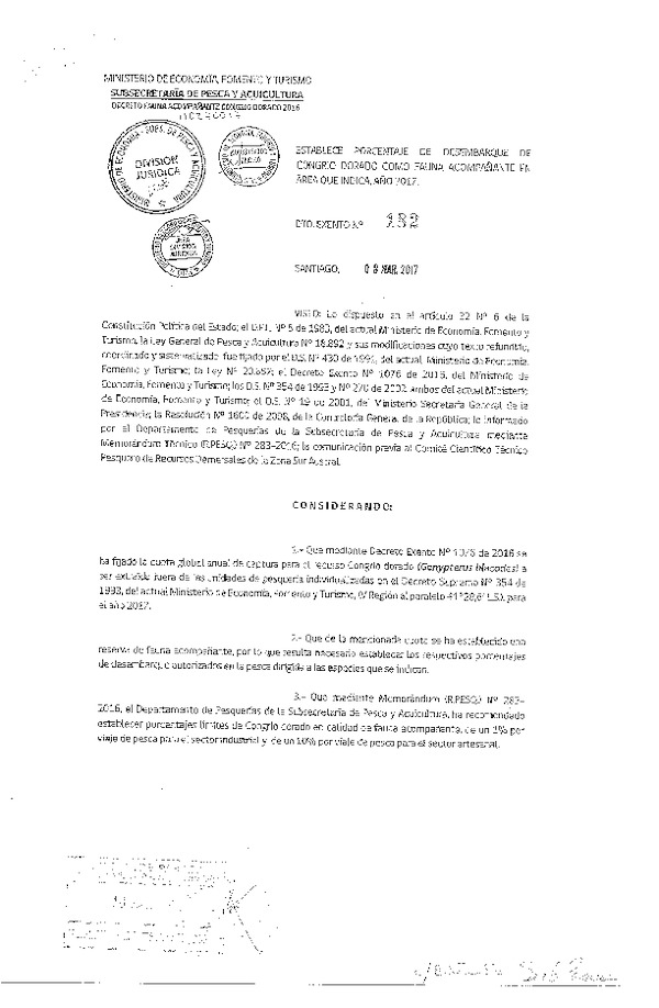 Dec. Ex. Nº 182-2017 Establece Porcentaje de Desembarque de Congrio Dorado como Fauna Acompañante V-X Regiones, Año 2017. (Publicado en Página Web 15-03-2017)