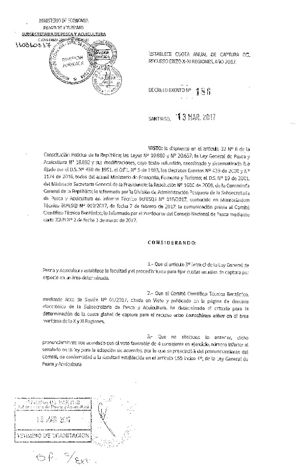 Dec. Ex. N° 186-2017 Establece Cuota Anual de Captura del Recurso Erizo, X-XI Regiones. (Publicado en Página Web 15-03-2017)