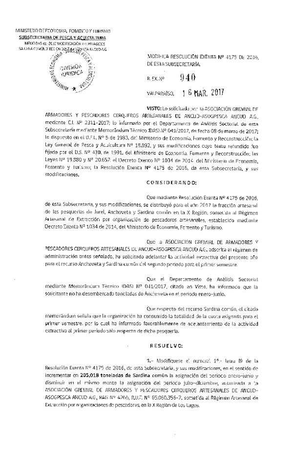 Res. Ex. N° 940-2017 Modifica Res. Ex. N° 4175-2016 Distribución de la Fracción Artesanal Pesquería de Anchoveta, Sardina Común y Jurel en la X Región. (Publicado en Página Web 16-03-2017)