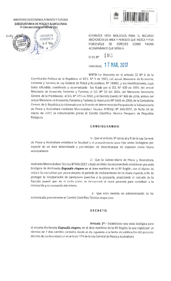 Dec. Ex. N° 193-2017 Establece Veda Biológica para el Recurso Anchoveta en la XV Región. Fija Porcentaje de especie como Fauna Acompañante que Señala. (Publicado en Página Web 17-03-2017)