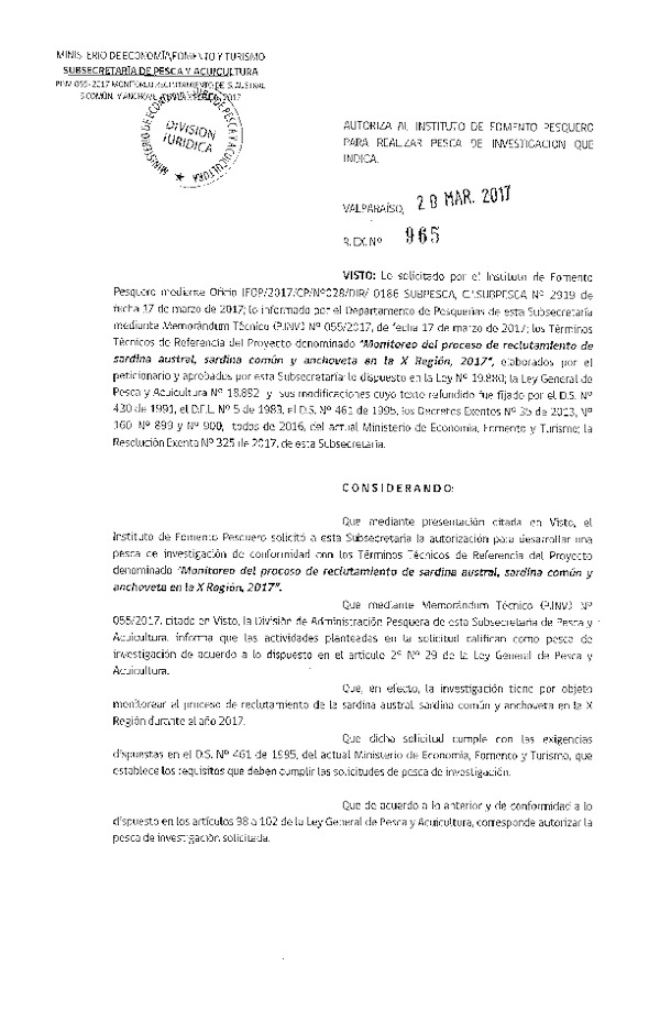 Res. Ex. N° 965-2017 Monitoreo del proceso de reclutamiento de sardina austral, sardina común y anchoveta, en la X Región.