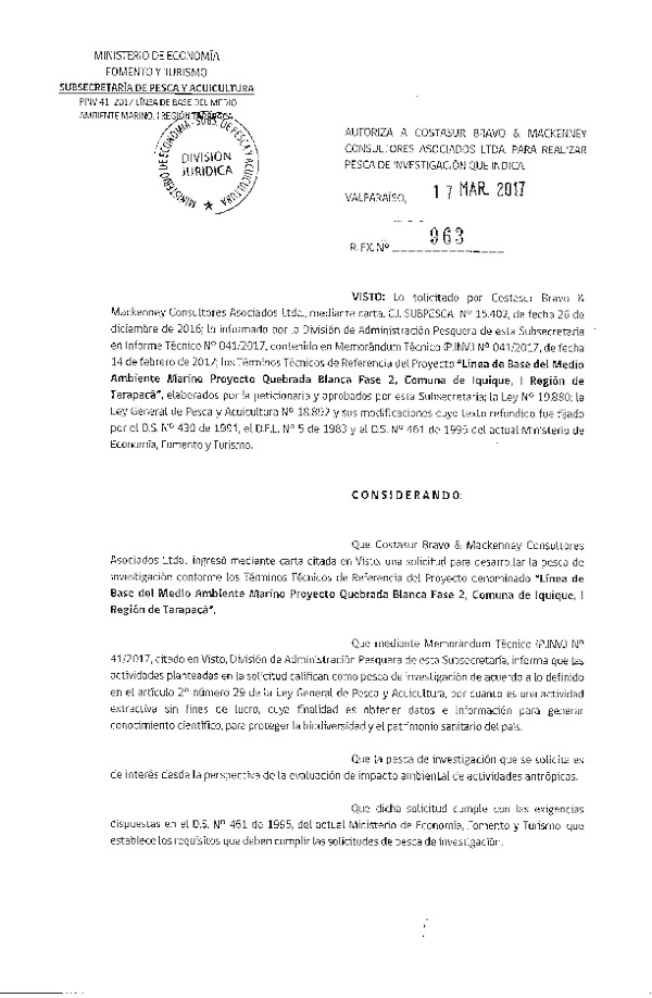 Res. Ex. N° 963-2017 Línea de base del medio ambiente marino, I Región.