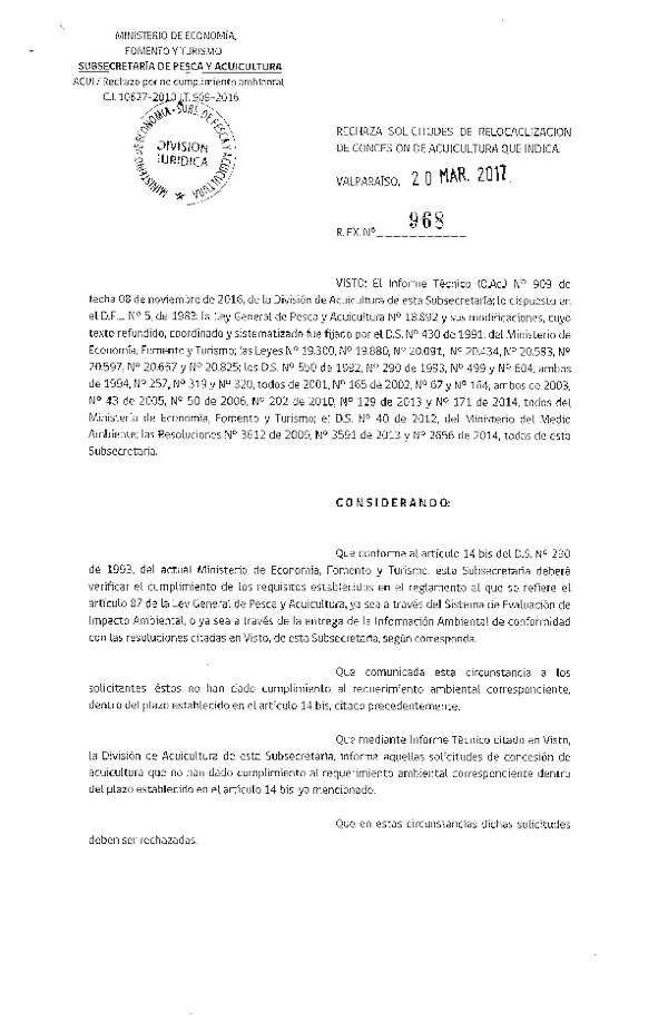 Res. Ex. N° 968-2017 Rechaza solicitudes de relocalización de concesión de acuicultura que indica.