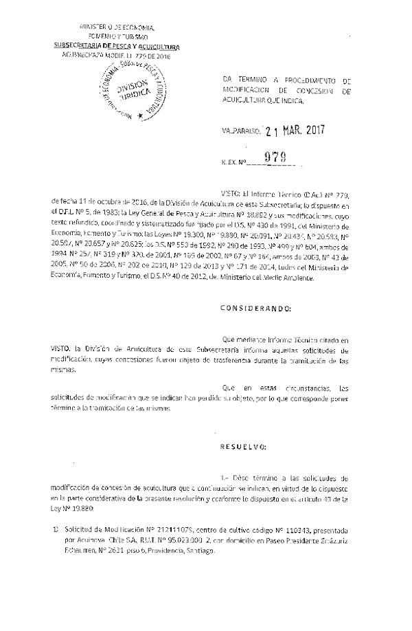 Res. Ex. N° 979-2017 Da termino a procedimiento de modificación de concesión de acuicultura que indica.