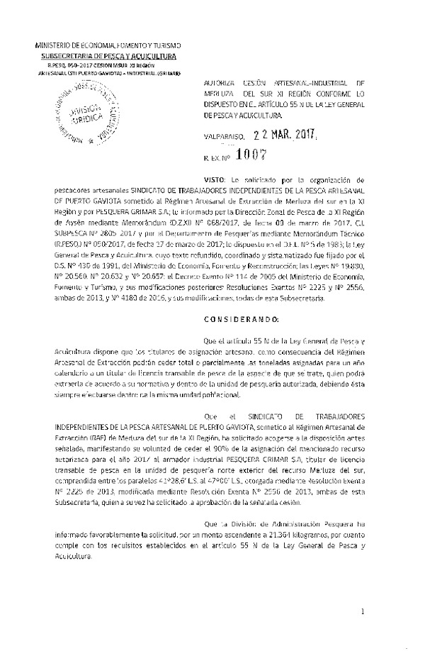 Res. Ex. N° 1007-2017 Cesión Merluza del sur XI Región.