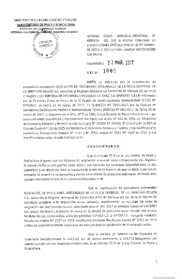 Res. Ex. N° 1008-2017 Cesión Merluza del sur XI Región.