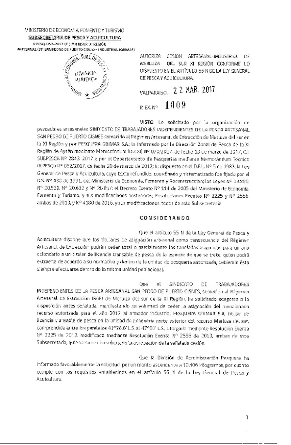 Res. Ex. N° 1009-2017 Cesión Merluza del sur XI Región.