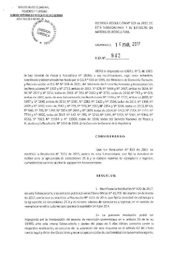 Res. Ex N° 942-2017 Rectifica Res. Ex. N° 829-2017 que Modificó Res. Ex. N° 3231-2015 Fija densidad de cultivo para la agrupación de concesión de Salmónidos 25 A, XI Región. (F.D.O. 23-03-2017)