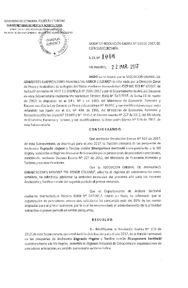 Res. Ex. N° 1006-2017 Modifica Res. Ex. N° 519-2017 Distribución de la fracción Artesanal de Pesquería de Anchoveta y Sardina común en la VIII Región, año 2017 (Publicado en Página Web 23-03-2017)