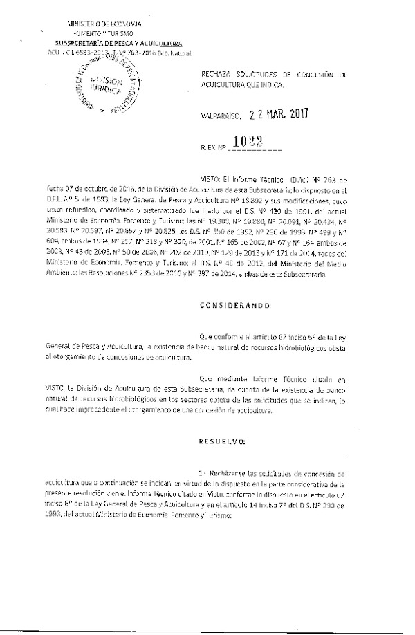 Res. Ex. N° 1022-2017 Rechaza solicitudes de relocalización de concesión de acuicultura que indica.