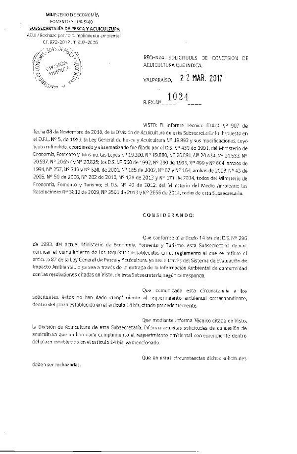 Res. Ex. N° 1024-2017 Rechaza solicitudes de relocalización de concesión de acuicultura que indica.