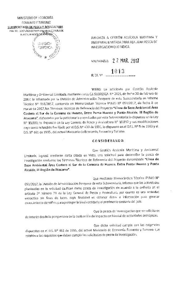 Res. Ex. N° 1013-2017 Línea de base ambiental área costera al sur de la comuna de Huasco, III Región.