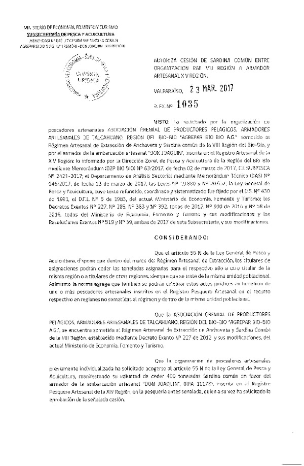Res. Ex. N° 1035-2017 Autoriza Cesión sardina común, VIII a XIV Región.
