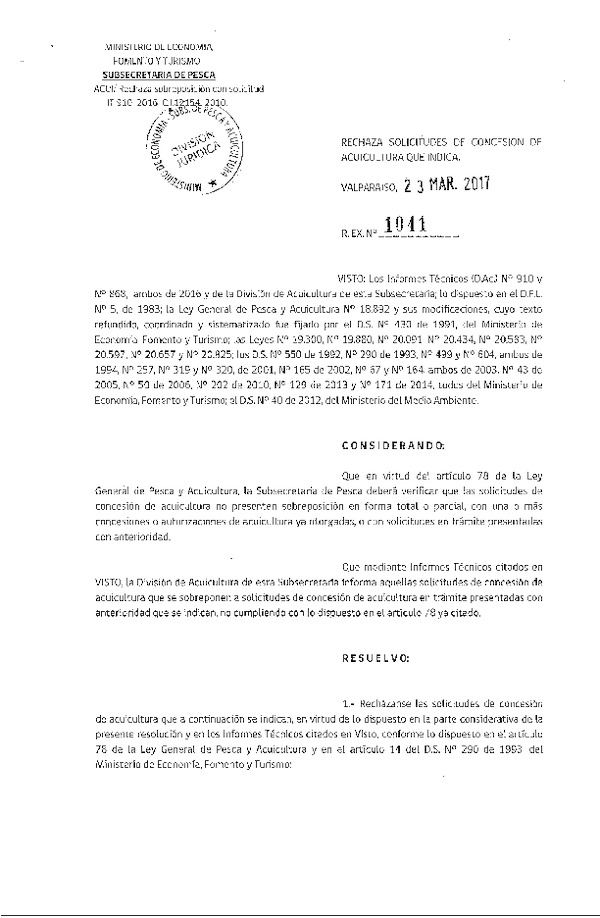 Res. Ex. N° 1041-2017 Rechaza solicitudes de concesión de acuicultura que indica.