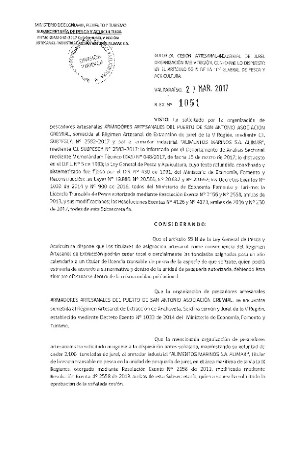 Res. Ex. N° 1051-2017 Autoriza cesión jurel, V Región.