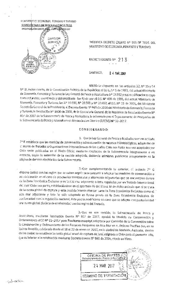 Dec. Ex. N° 213-2017 Modifica Dec. Ex. N° 965-2016 Establece Cuota Anual de Captura para Unidades de Pesquería de Jurel XV-II, III-IV, V-IX y XIV-X, Sometidas a Licencias Transables de Pesca Año 2017. (Publicado en Página Web 28-03-2017)